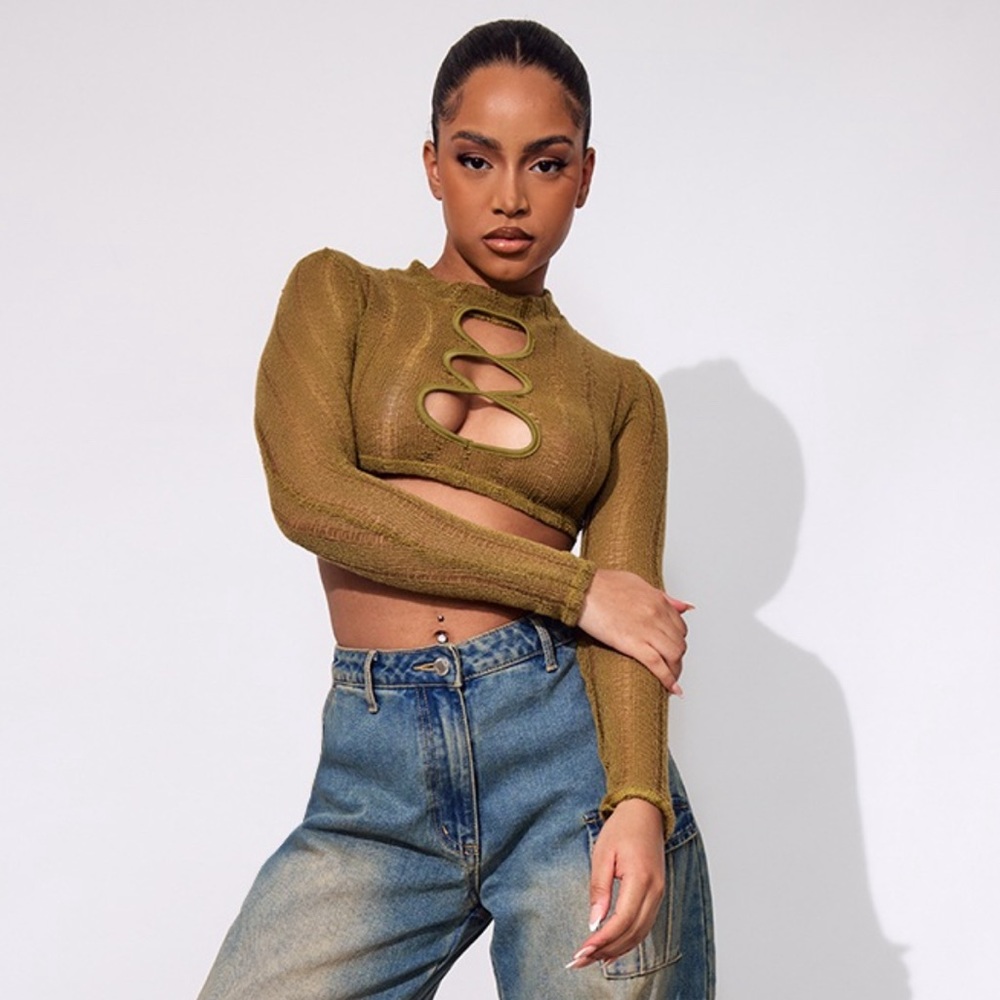 Petite Olive Distressed Long Sleeve Crop Top